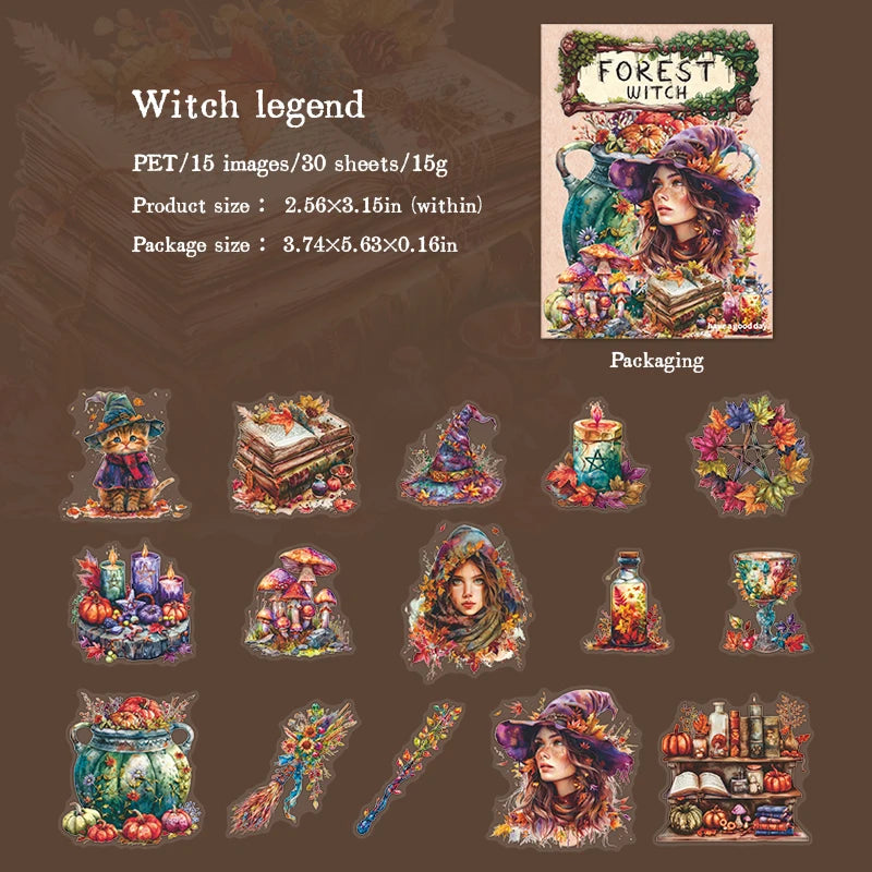 JIANQI 30 pcs Forest Witch Series PET material Decorative sticker Diary Album Scrapbooking material Junk Journal Supplies