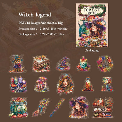 JIANQI 30 pcs Forest Witch Series PET material Decorative sticker Diary Album Scrapbooking material Junk Journal Supplies