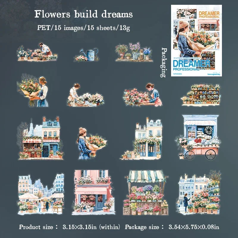 S-47 15Pcs Sticker Pack Career Dreamer Floral Art Scenic