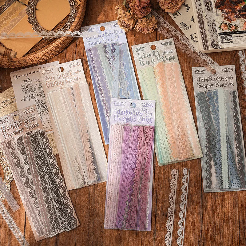 S-1  40 pcs Lace Stickers Cute Aesthetics Decor Collage Junk Journal Scrapbooking Supplies Self Adhesive Creative Stationery Sticker