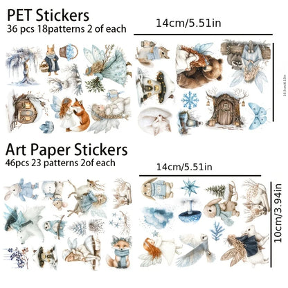 JAIIMAN 80pcs-84pcs PET and Art Paper Sticker Set Woodland Fairy, Rabbit, Floral, for Holiday Decor, Scrapbooking,Album Decor