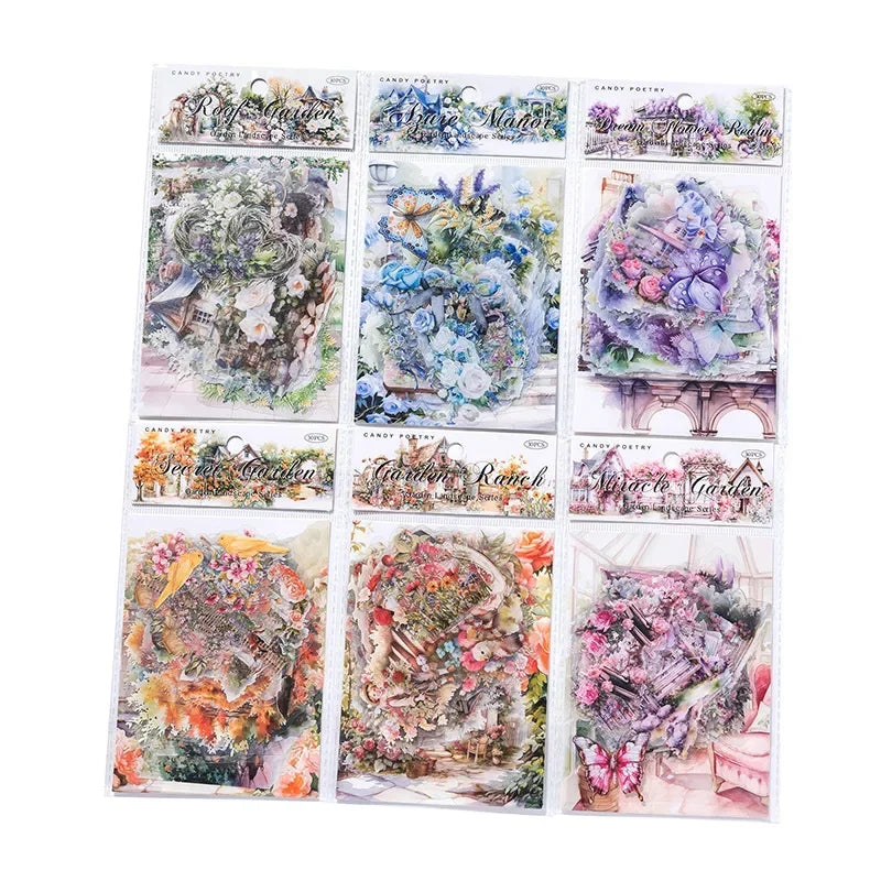 30pcs/bag Garden Landscape Transparent Stickers Retro Flowers Windows Cabins Fences Scrapbook Junk Journal Decoration Collage