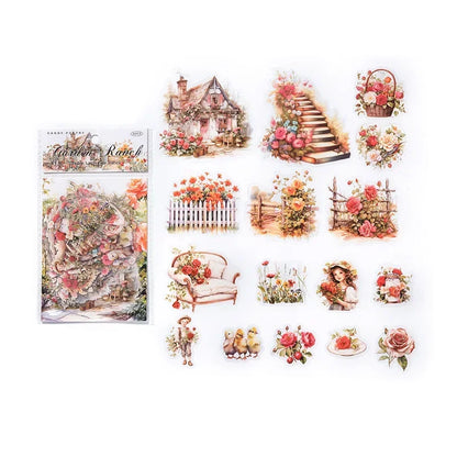 30pcs/bag Garden Landscape Transparent Stickers Retro Flowers Windows Cabins Fences Scrapbook Junk Journal Decoration Collage