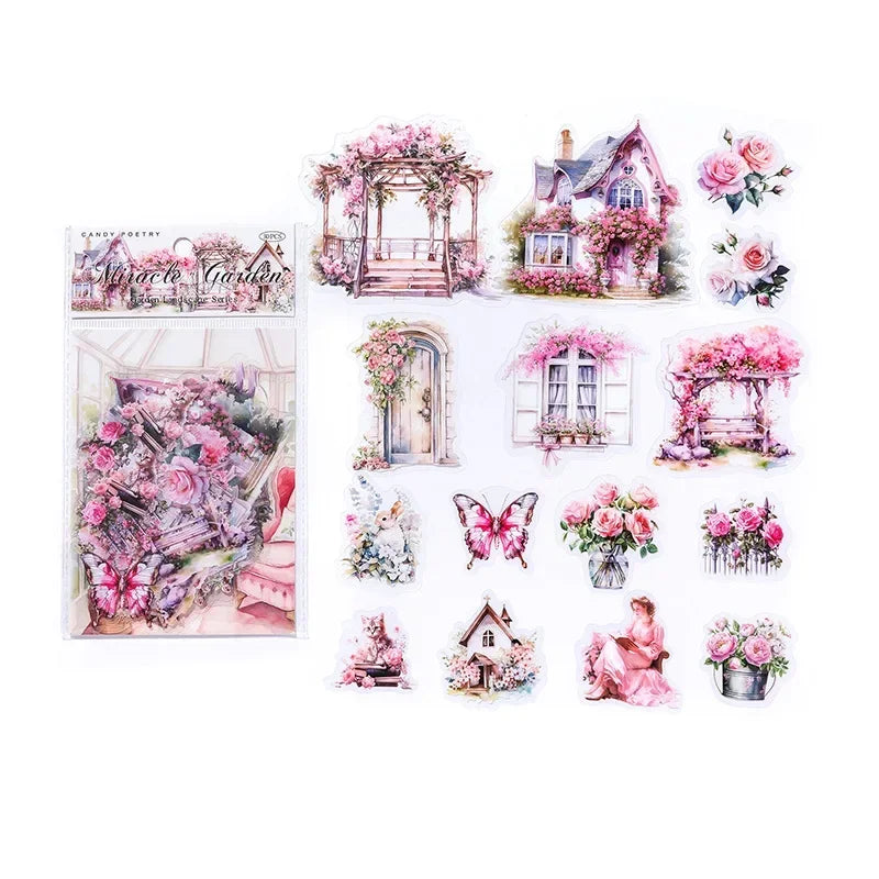 30pcs/bag Garden Landscape Transparent Stickers Retro Flowers Windows Cabins Fences Scrapbook Junk Journal Decoration Collage