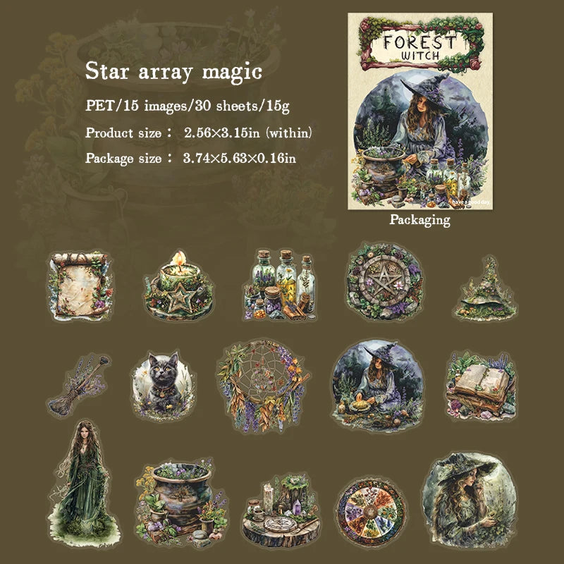 JIANQI 30 pcs Forest Witch Series PET material Decorative sticker Diary Album Scrapbooking material Junk Journal Supplies