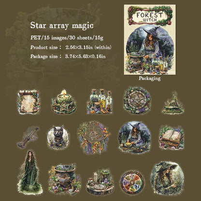 JIANQI 30 pcs Forest Witch Series PET material Decorative sticker Diary Album Scrapbooking material Junk Journal Supplies