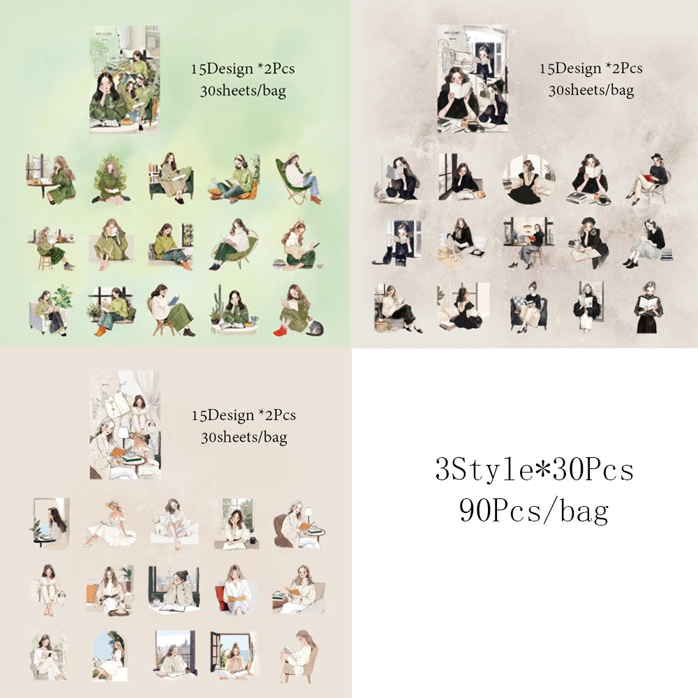 2Style 90Pcs/bag Elegant Reading Girl Sticker Pack DIY Handbook Creative Material Stickers Scrapbook Photo Frame Calendar