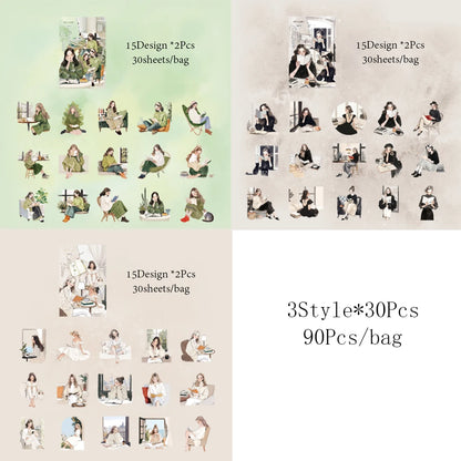 2Style 90Pcs/bag Elegant Reading Girl Sticker Pack DIY Handbook Creative Material Stickers Scrapbook Photo Frame Calendar