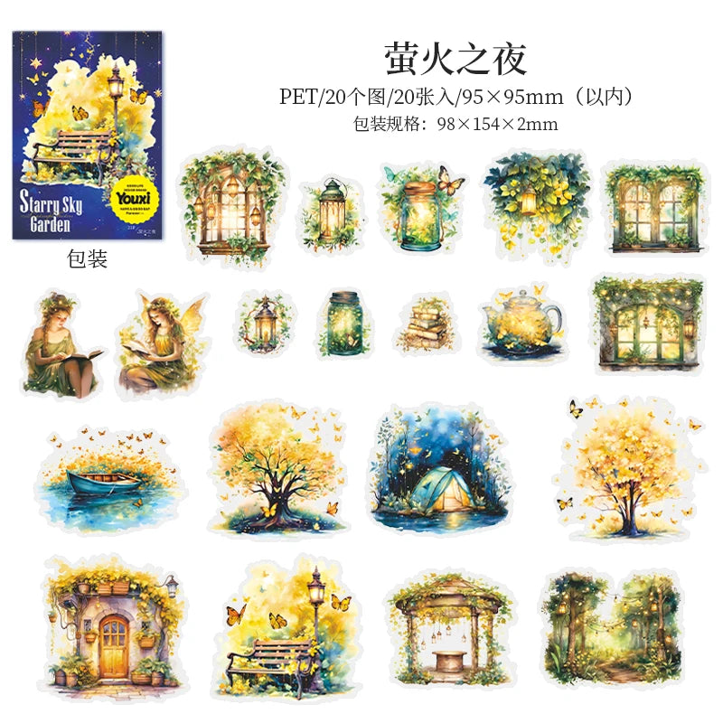 PET Sticker Bag Garden Series Starry Moon Garden Camping Pattern Hand Account Stickers Creative DIY Greeting Card Decorative