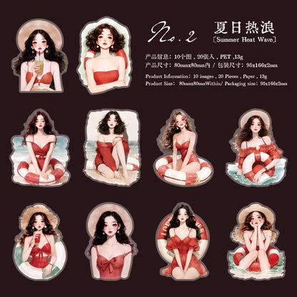 S-26 Journal GO 20pcs Pretty Beach Girl Stickers Aesthetic Characters Oil Painting Sticker for Card Making Journal Scrapbooking DIY