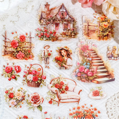30pcs/bag Garden Landscape Transparent Stickers Retro Flowers Windows Cabins Fences Scrapbook Junk Journal Decoration Collage