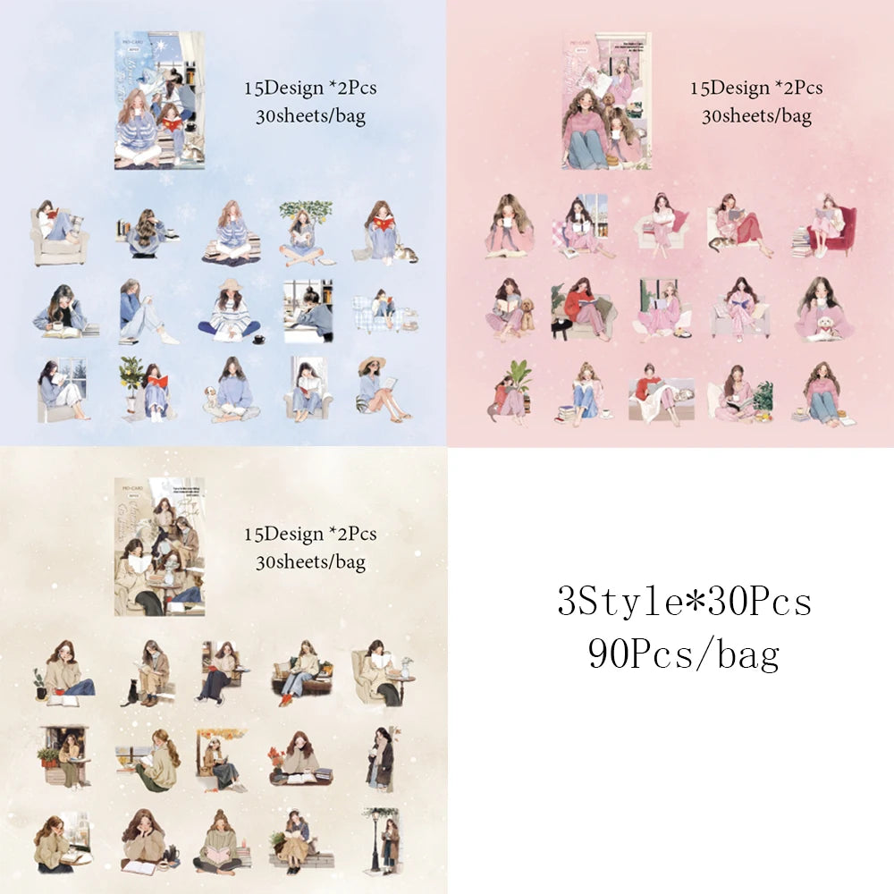 2Style 90Pcs/bag Elegant Reading Girl Sticker Pack DIY Handbook Creative Material Stickers Scrapbook Photo Frame Calendar