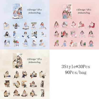 2Style 90Pcs/bag Elegant Reading Girl Sticker Pack DIY Handbook Creative Material Stickers Scrapbook Photo Frame Calendar