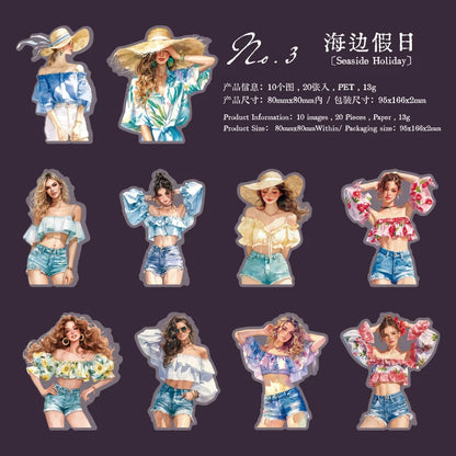 S-26 Journal GO 20pcs Pretty Beach Girl Stickers Aesthetic Characters Oil Painting Sticker for Card Making Journal Scrapbooking DIY