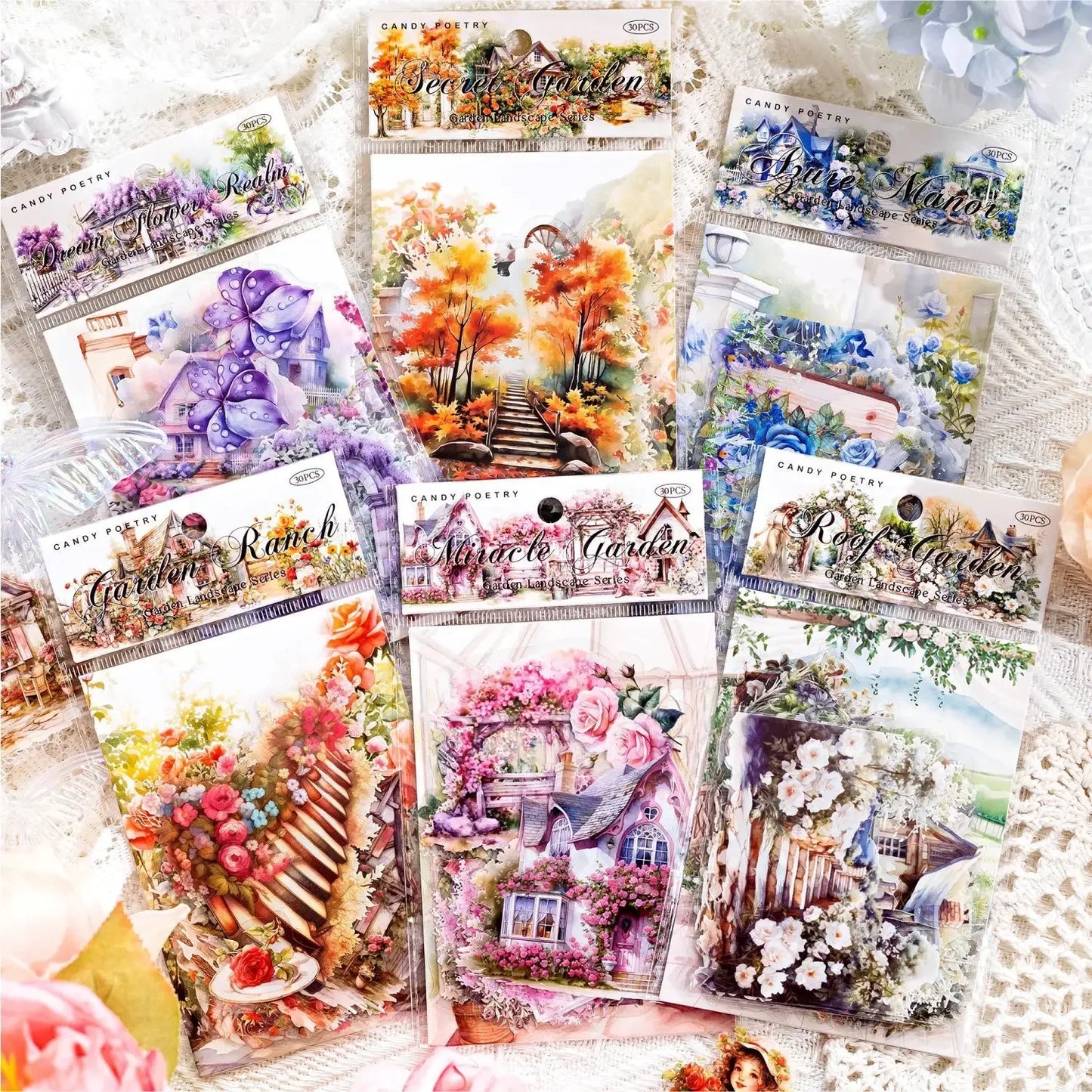 30pcs/bag Garden Landscape Transparent Stickers Retro Flowers Windows Cabins Fences Scrapbook Junk Journal Decoration Collage