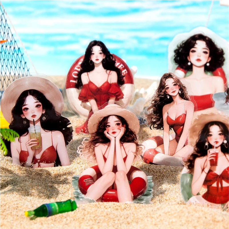 S-26 Journal GO 20pcs Pretty Beach Girl Stickers Aesthetic Characters Oil Painting Sticker for Card Making Journal Scrapbooking DIY